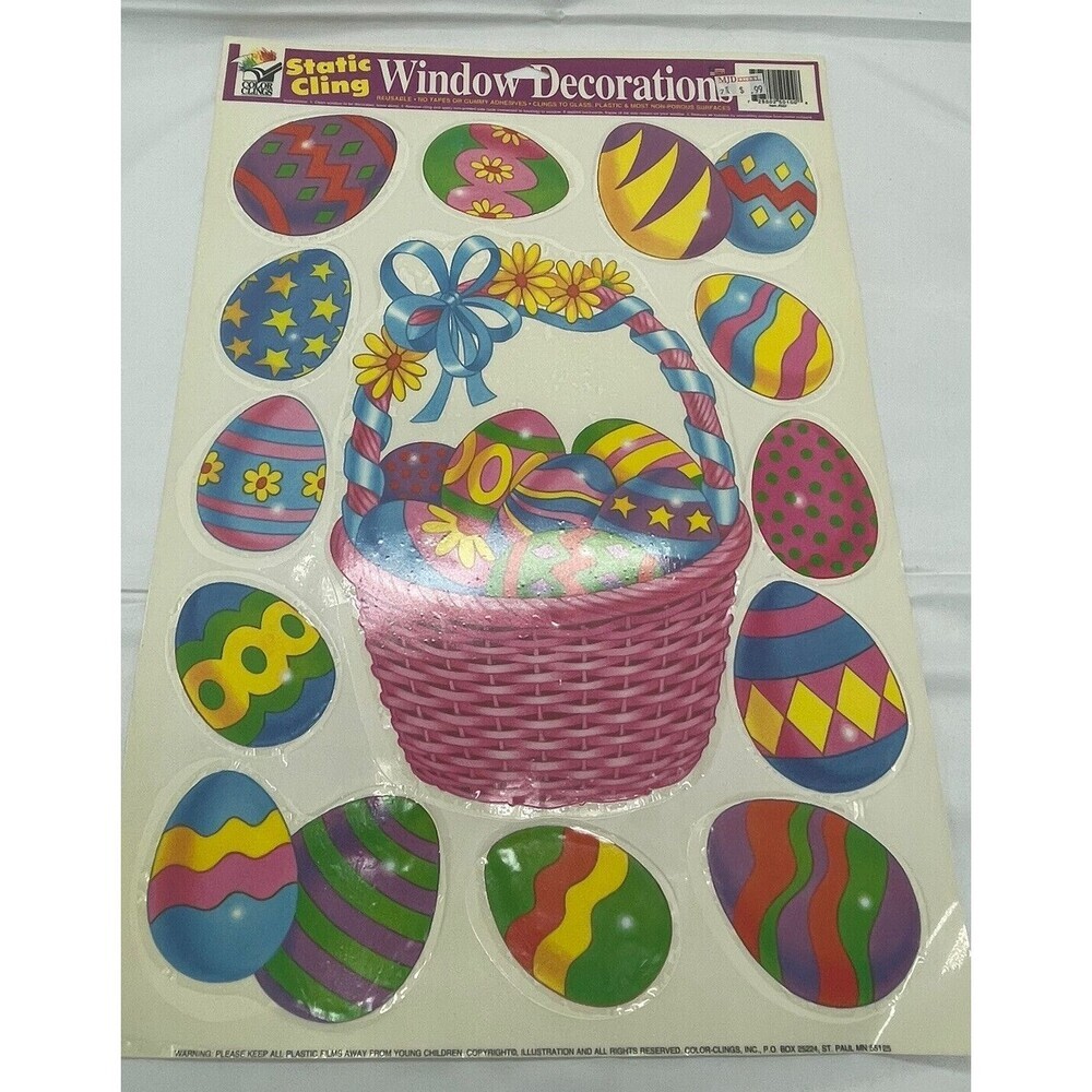 Vtg 90s Whimsical Easter Eggs Basket Daisies 13 Static Color Clings ~ USA